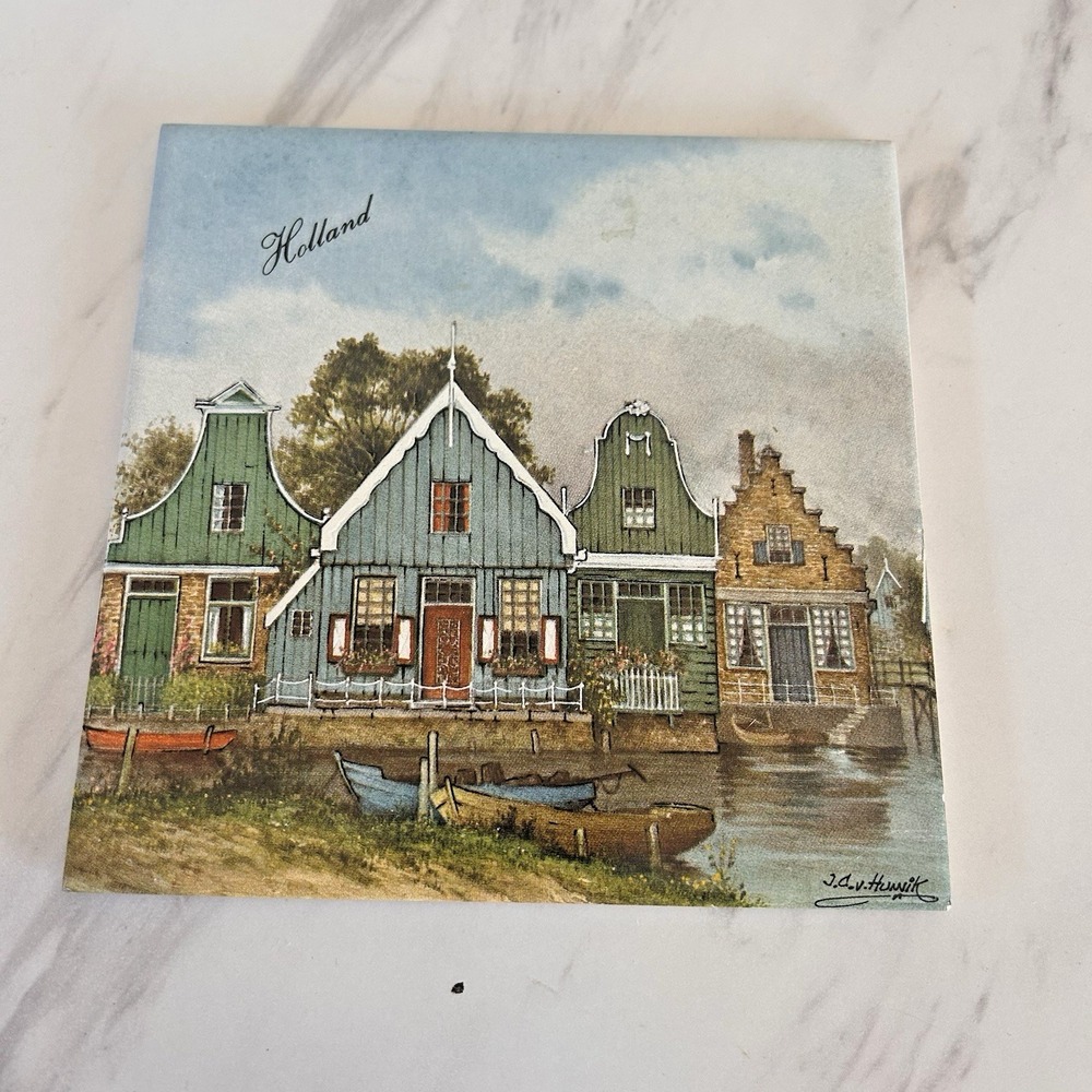 Holland Tile Dutch Fishing Village Trivet JC Van Hunnik Signed Ceramic BxOO‎